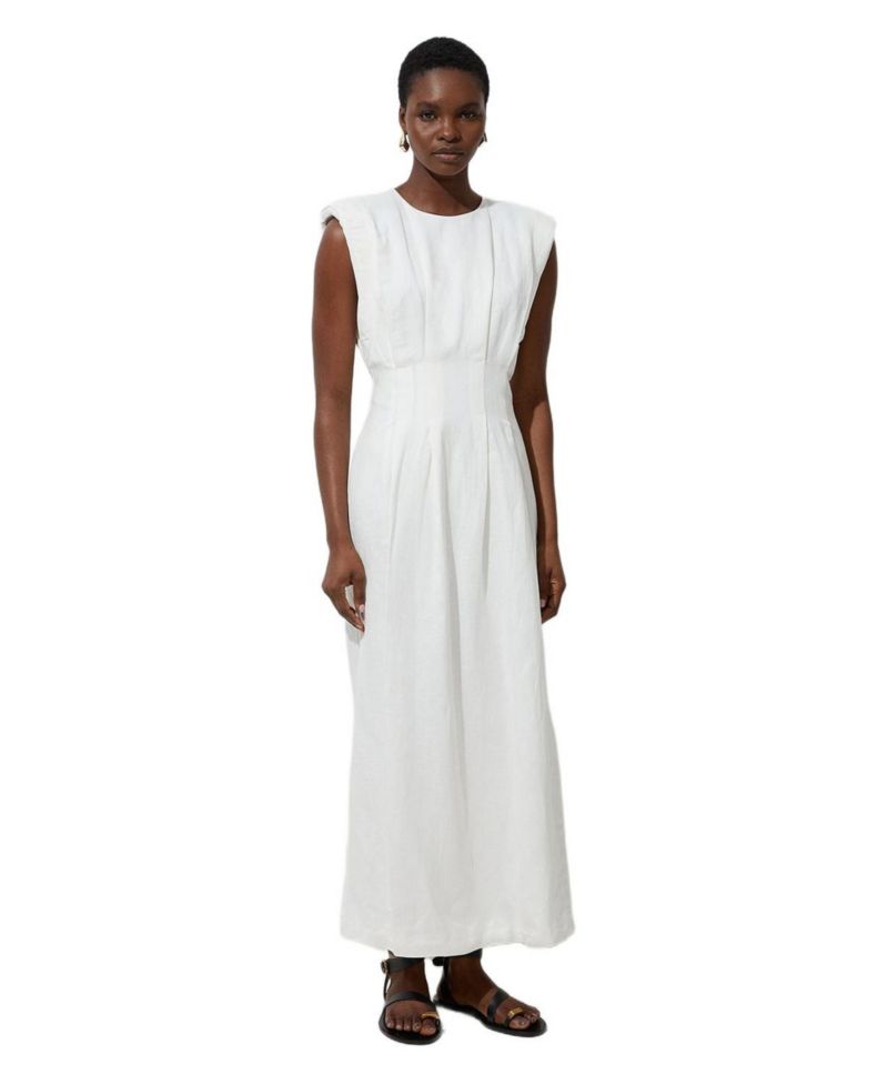 Women's Linen Blend Pintuck Midi Dress