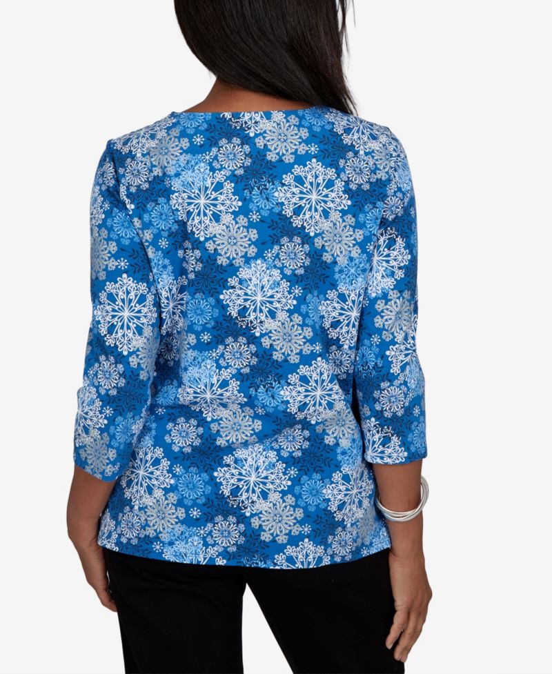 Women's Classic Blue Snowflake Print Knit Top