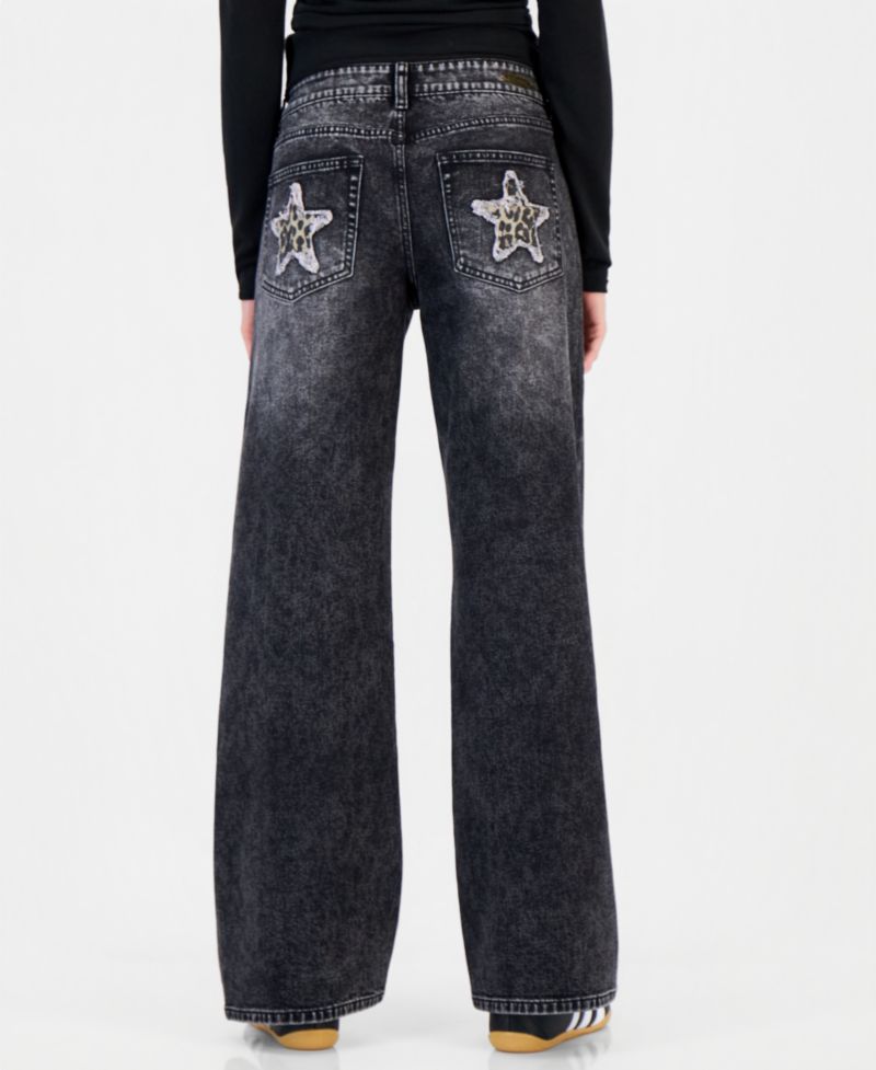 Juniors' Wide-Leg Leopard Star Patch Jeans