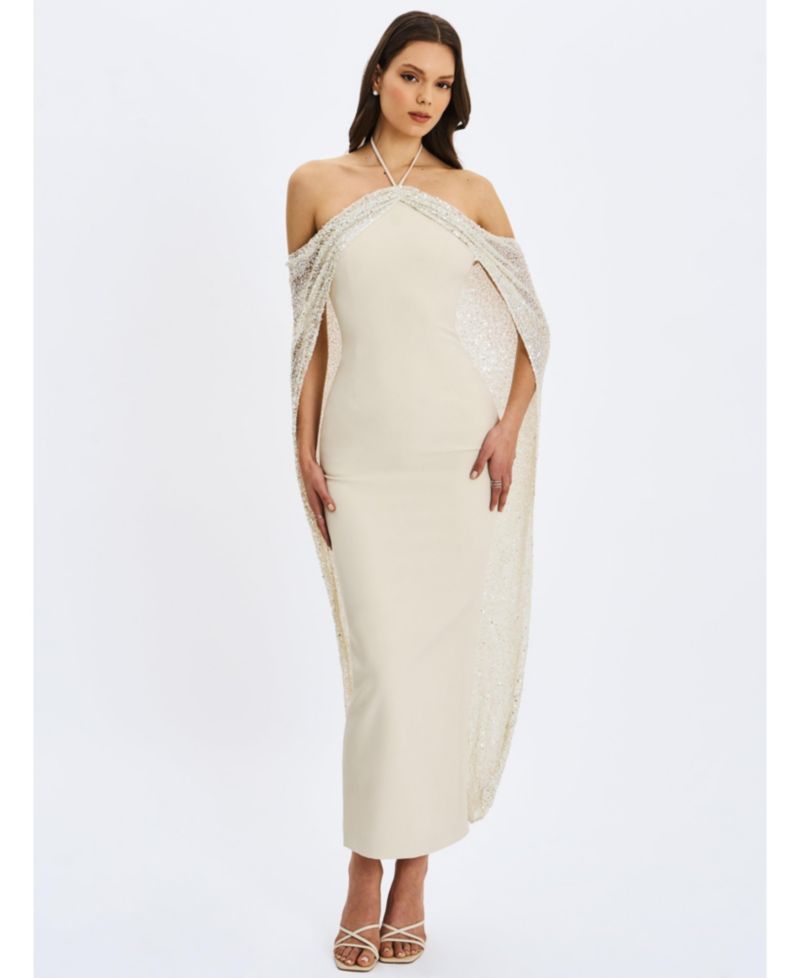 Women's Quimera Almond Beaded Cape Halter Off-Shoulder Maxi Gown