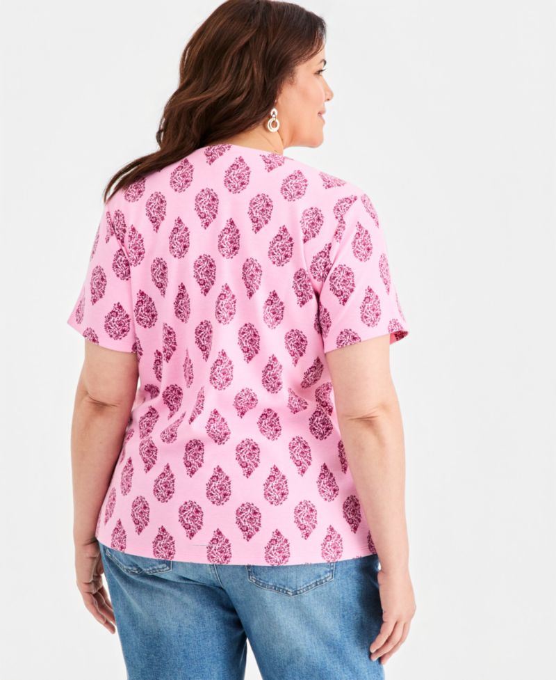 Plus Size Printed Short-Sleeve Henley Top