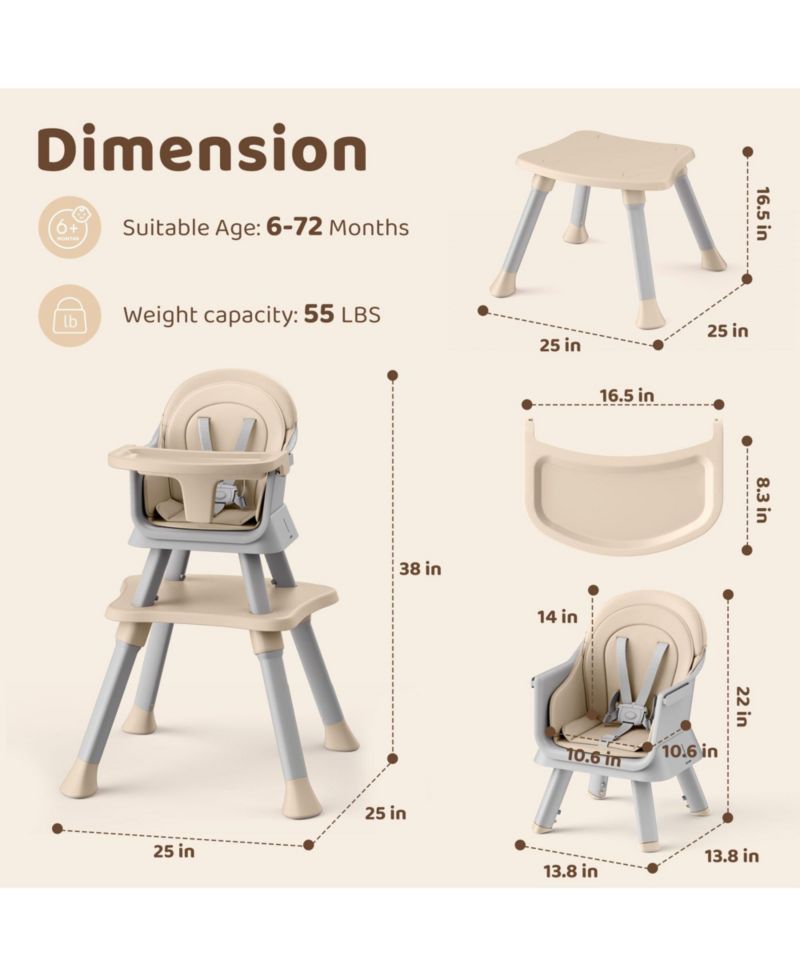 8-in-1 Baby High Chair Converts to Booster Seat and Kids Table Set with Removable Tray