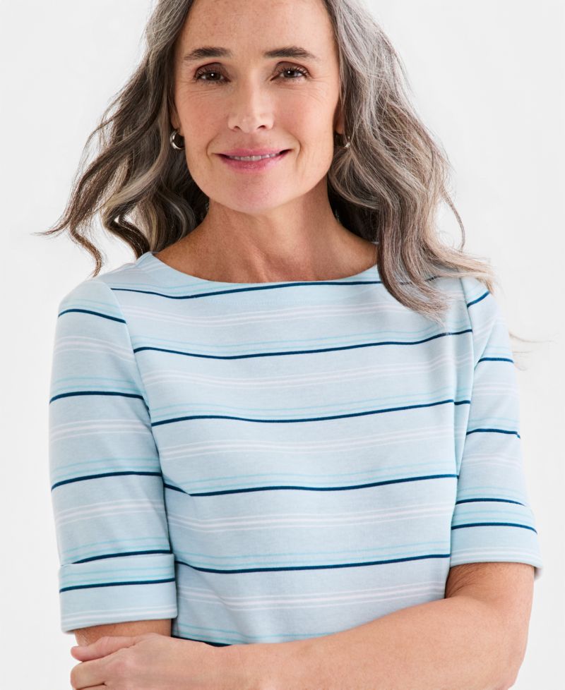 Petite Elbow-Sleeve Kelly Stripe Boat Neck Top
