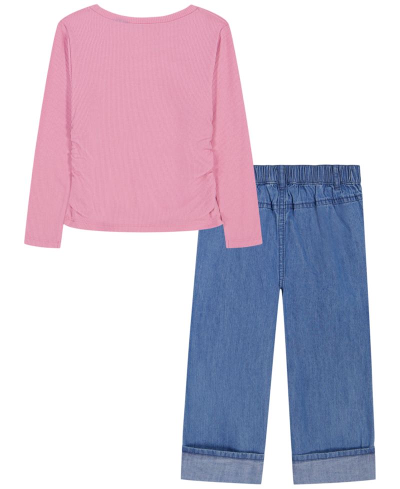 Toddler Girls' 2T-6X Monogram Ribbed Long-Sleeve Top and Wide-Leg Denim Pants, 2-Piece Set