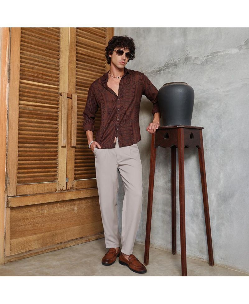 Men's Russet Brown Aztec-Imprint Shirt
