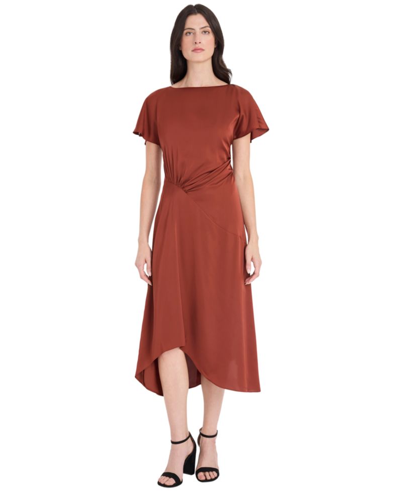 Women's Satin Asymmetrical Ruched Waist Midi Dress