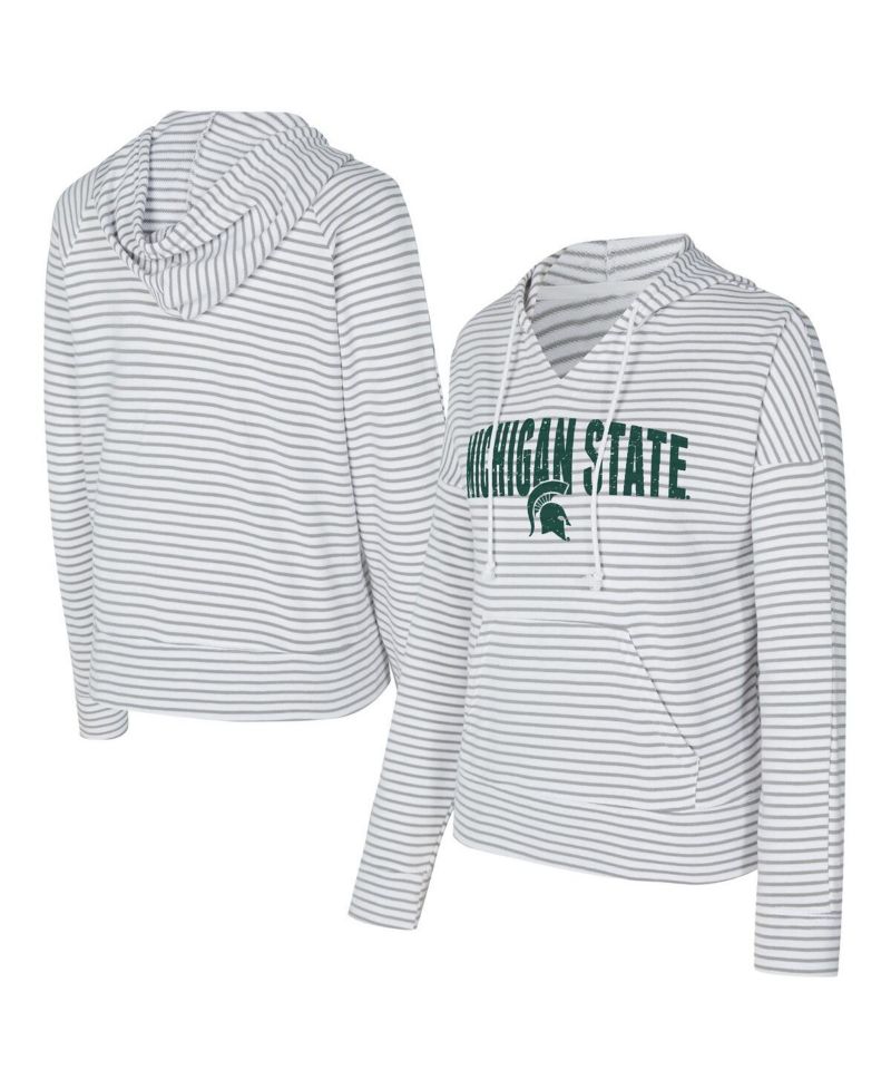 Men's White/Gray Michigan State Spartans French Terry Striped V-Neck Pullover Hoodie