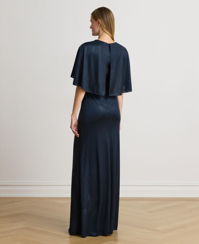 Women's Metallic Jersey Twist-Front Cape Gown