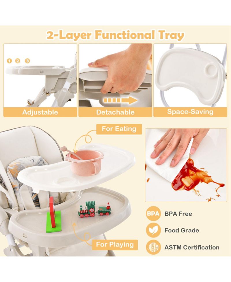 Baby High Chair with Wheel Folding Baby Dining Adjustable Height