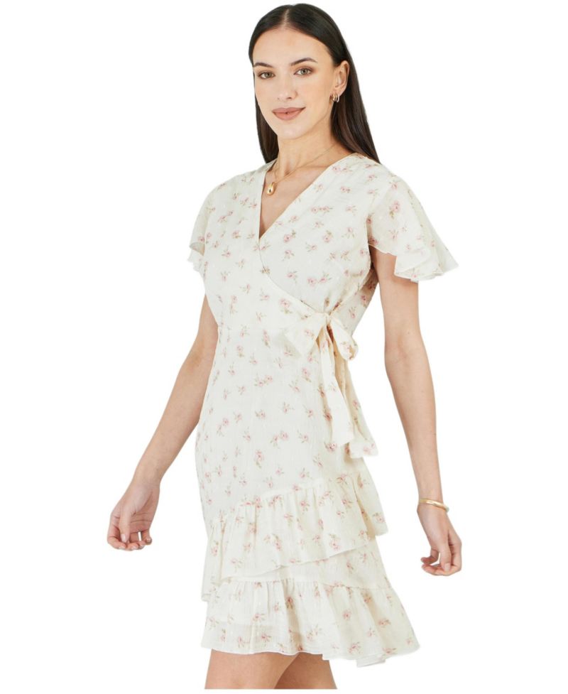 Women's Rose Print Wrap Over Frill Dress