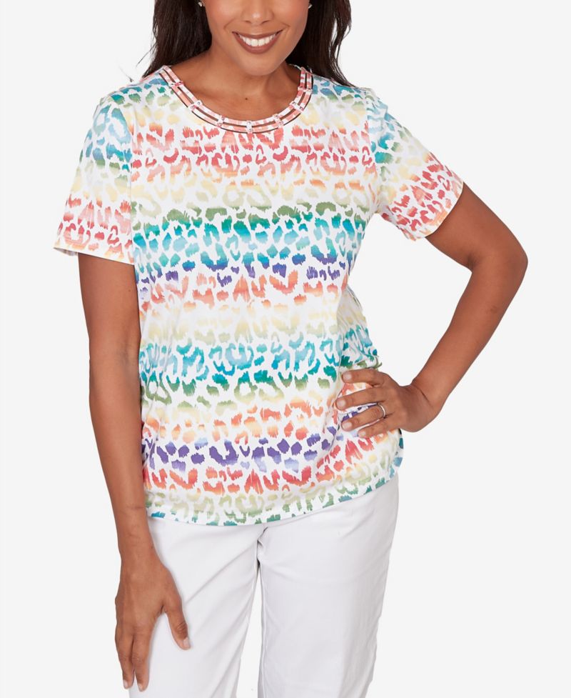 Women's Rainbow Animal Print Beaded Neck Ruched T-Shirt