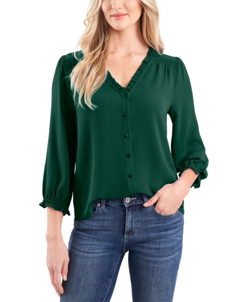 Women's Ruffled Button-Front 3/4-Sleeve Blouse