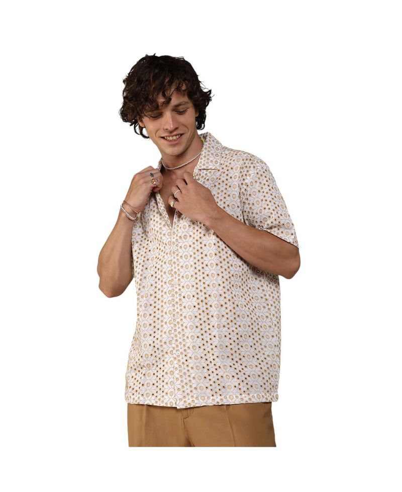 Men's Off-White & Tan Brown Embroidered Circular Shirt