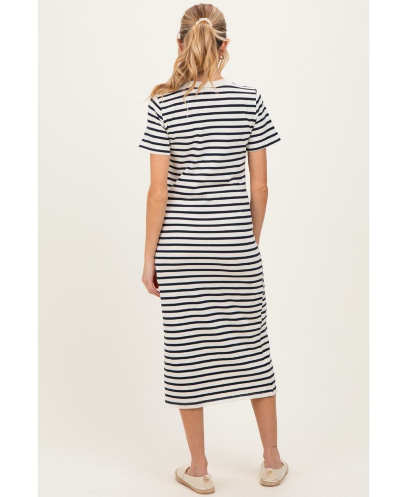 Women's Navy Striped Short Sleeve Midi Dress