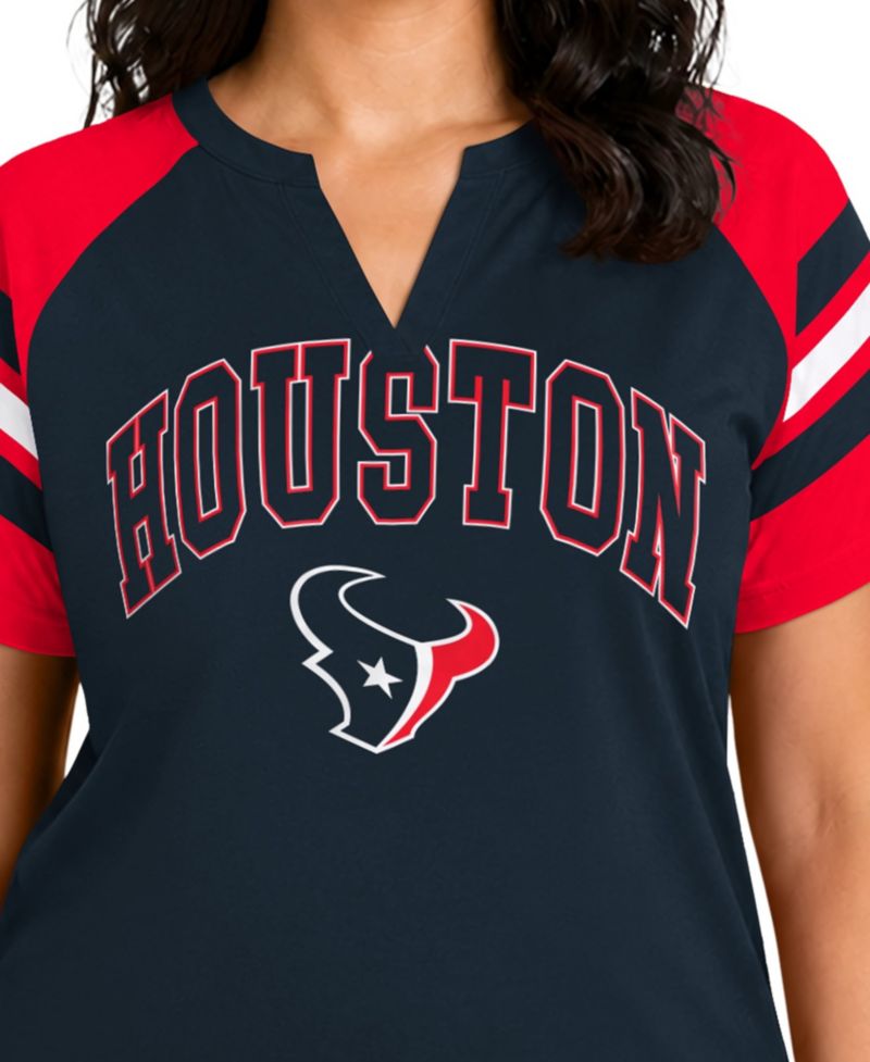 Women's Navy Houston Texans Plus Size Game On Notch Neck Raglan T-Shirt
