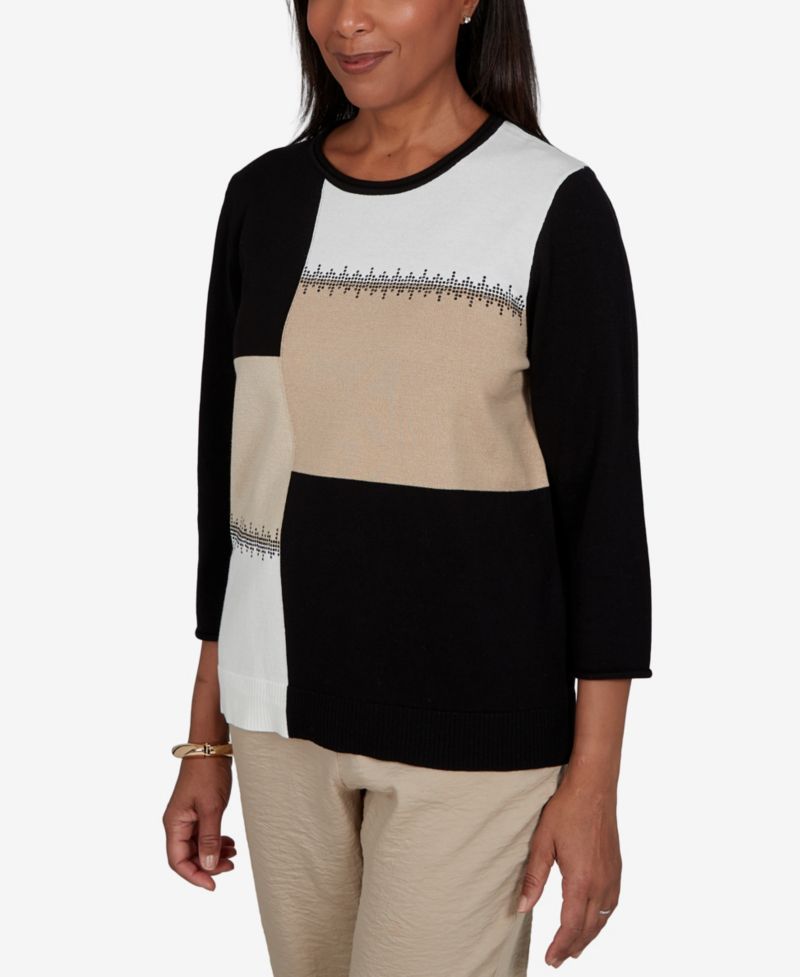 Petite Travel Advisory Colorblock 3/4-Sleeve Embellished Sweater