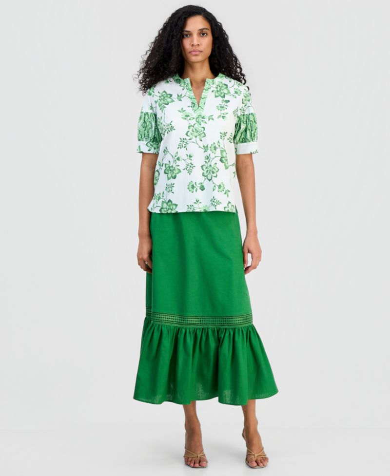 Women's Split-Neck Puffed-Sleeve Top
