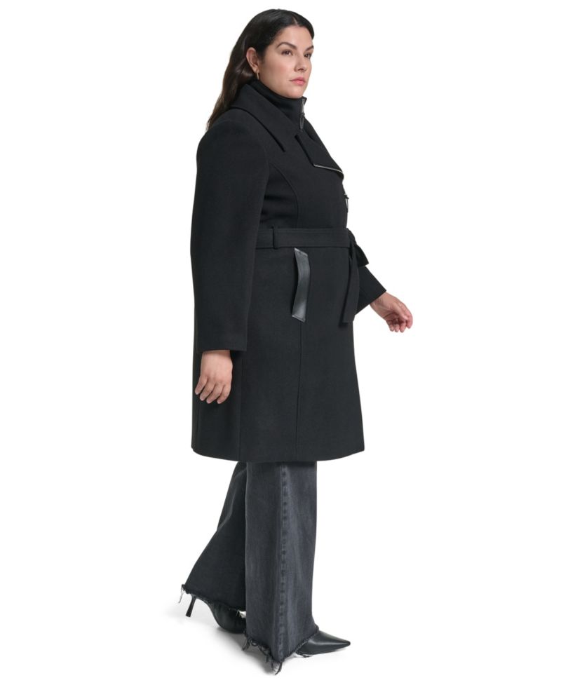 Plus Size Wool-Blend Belted Wrap Coat with Bib