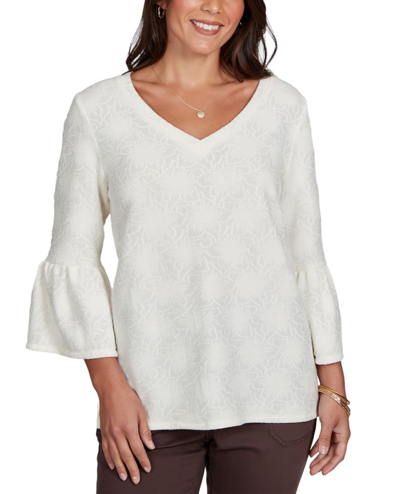 Petite V-Neck Floral-Print Bell-Sleeve Top