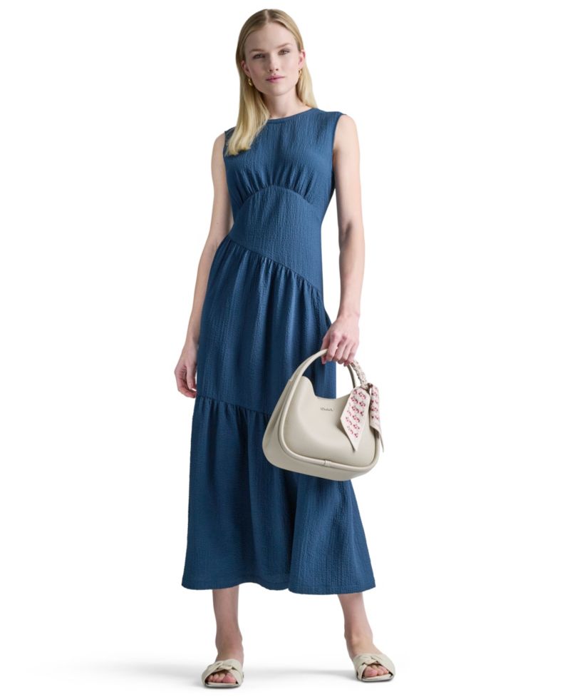 Women's Sleeveless Jewel Neck Asymmetrical Tiered Maxi Dress