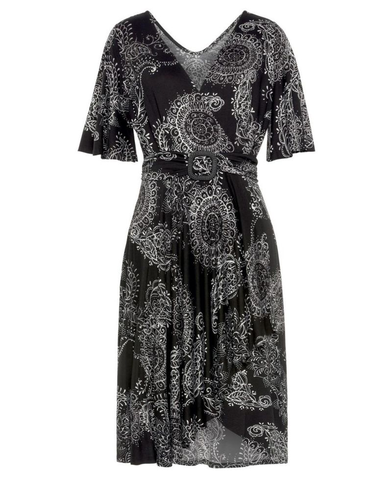 Women's Viscose Printed Belted Asymmetrical Surplice-Neck Short Dress