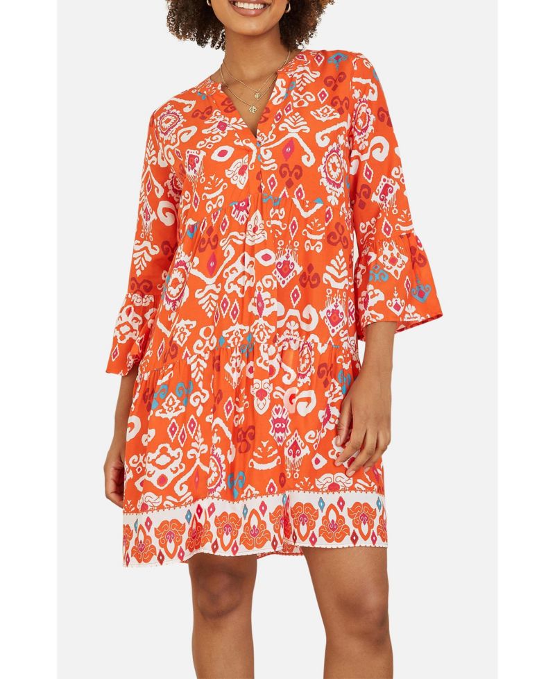 Women's Ikat Print 3/4 Sleeve Tunic Dress