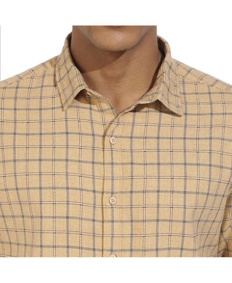 Men's Beige Contrast Tartan Plaid Shirt