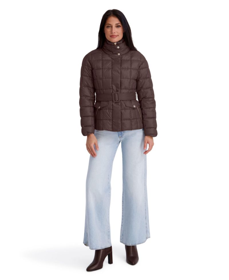 Women's Quilted Puffer Jacket With Self-Tie Waist And Funnel Neck