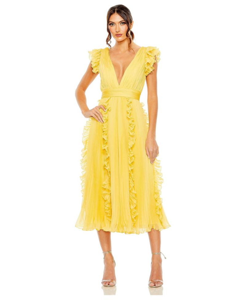 Women's Pleated Chiffon V Neck Ruffle Midi Dress