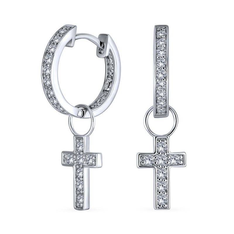 Religious Dangle CZ Cross Mini Hoop Huggie Earrings Silver Plated