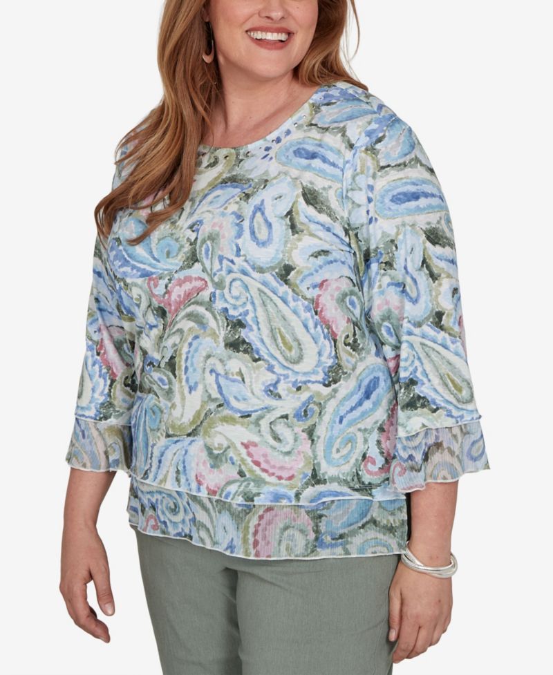 Plus Size Provence Paisley Woven-Trim 3/4-Sleeve Blouse