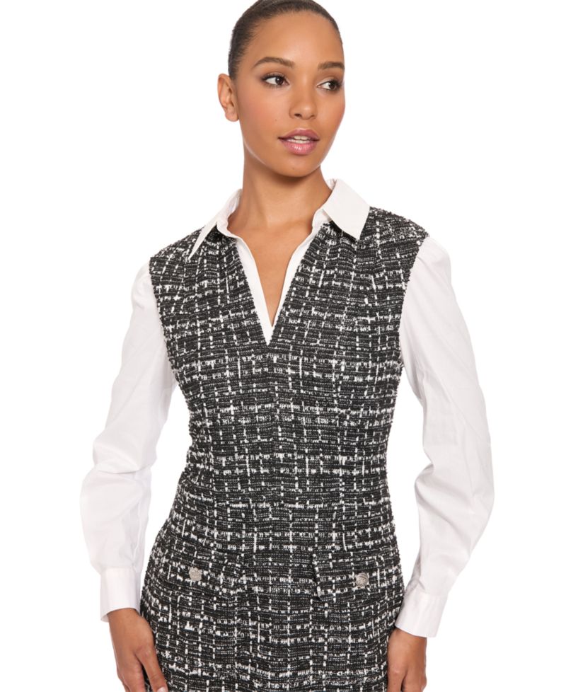 Petite Tweed Twofer Collared A-Line Dress