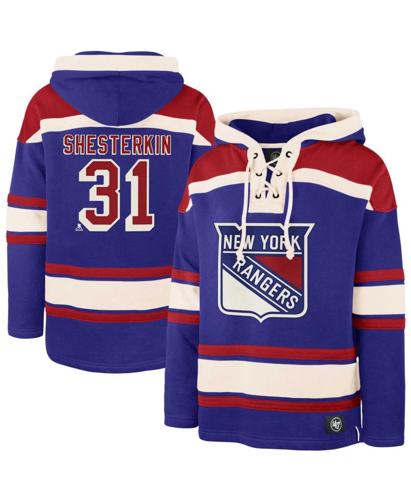 47 Brand Men's Igor Shesterkin Blue New York Rangers Player Name & Number Lacer Pullover Hoodie