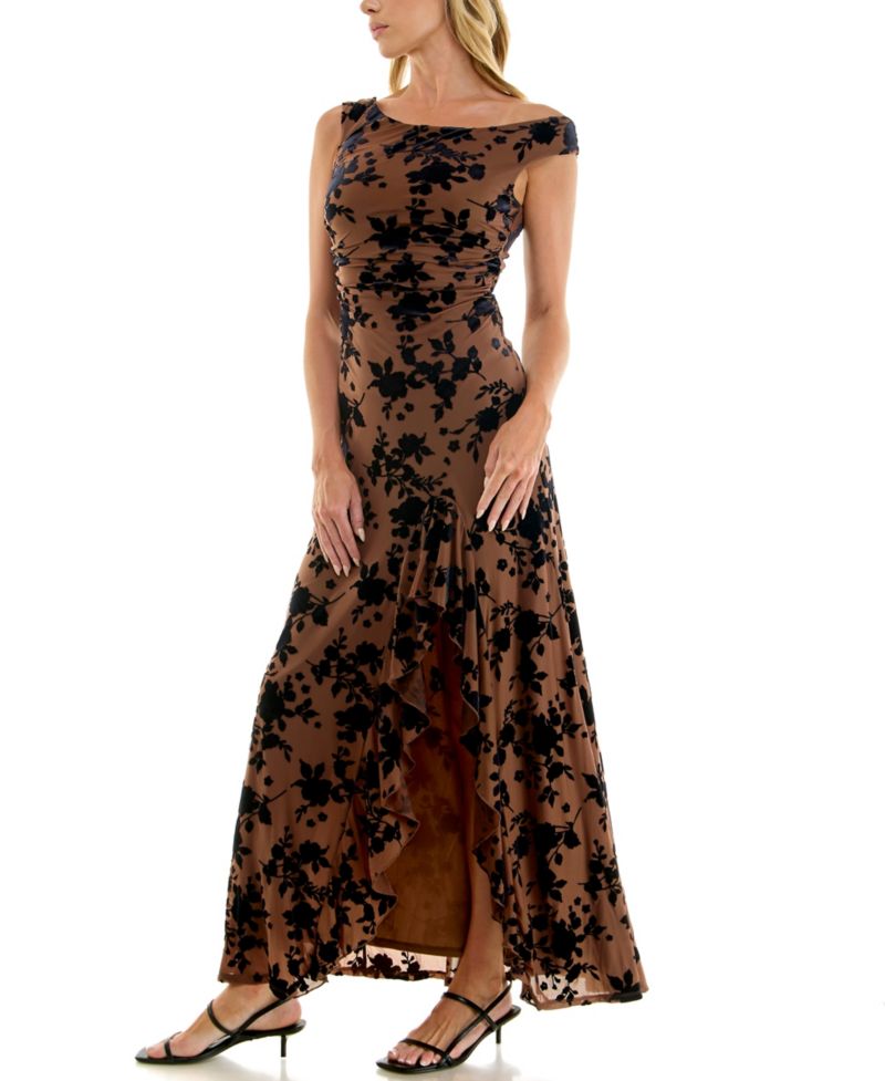 Juniors' Velvet Burnout Off-The-Shoulder Maxi Dress