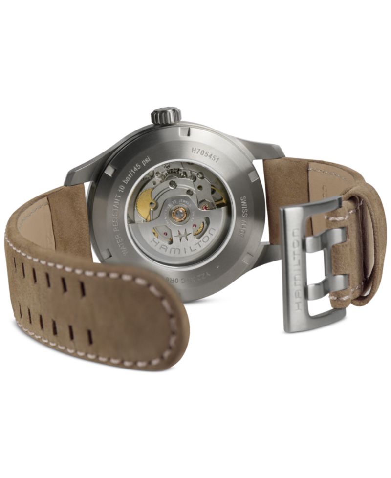 Men's Swiss Automatic Khaki Field Brown Leather Strap Watch 42mm