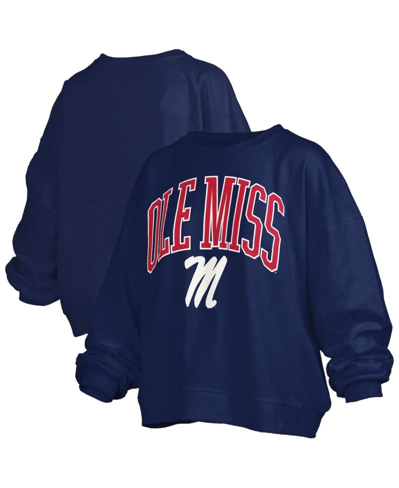 Women's Navy Ole Miss Rebels Janise Arch Over Logo Waist Length Oversized Pullover Sweatshirt