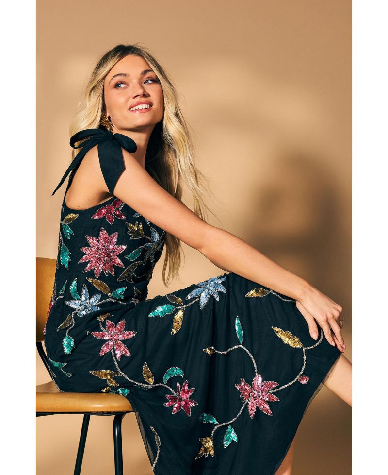 Women's Floral Embellished Split Midi Dress