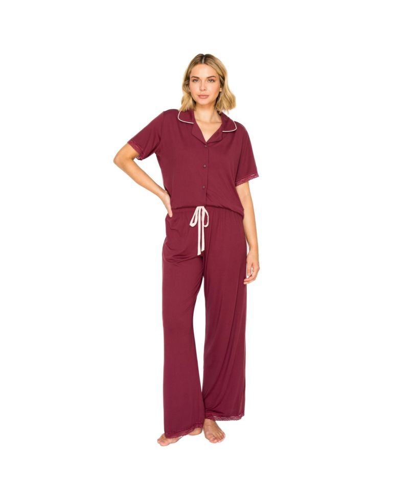 Women's Yummy Short-Sleeve Button-Up Wide-Leg Top and Pants Set