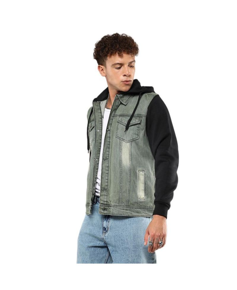 Men's Light-Wash Hooded Denim Jacket With Sweatshirt-Style Sleeves