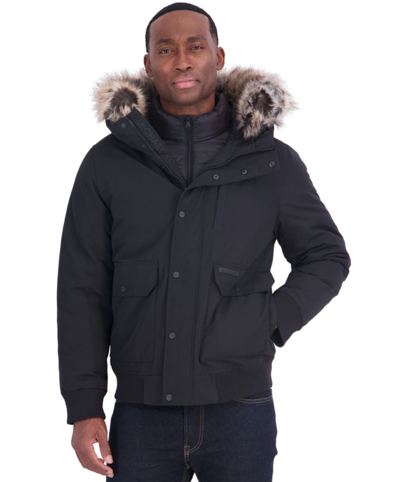 Men's Faux-Fur-Trim Quilted-Bib Hooded Bomber Jacket