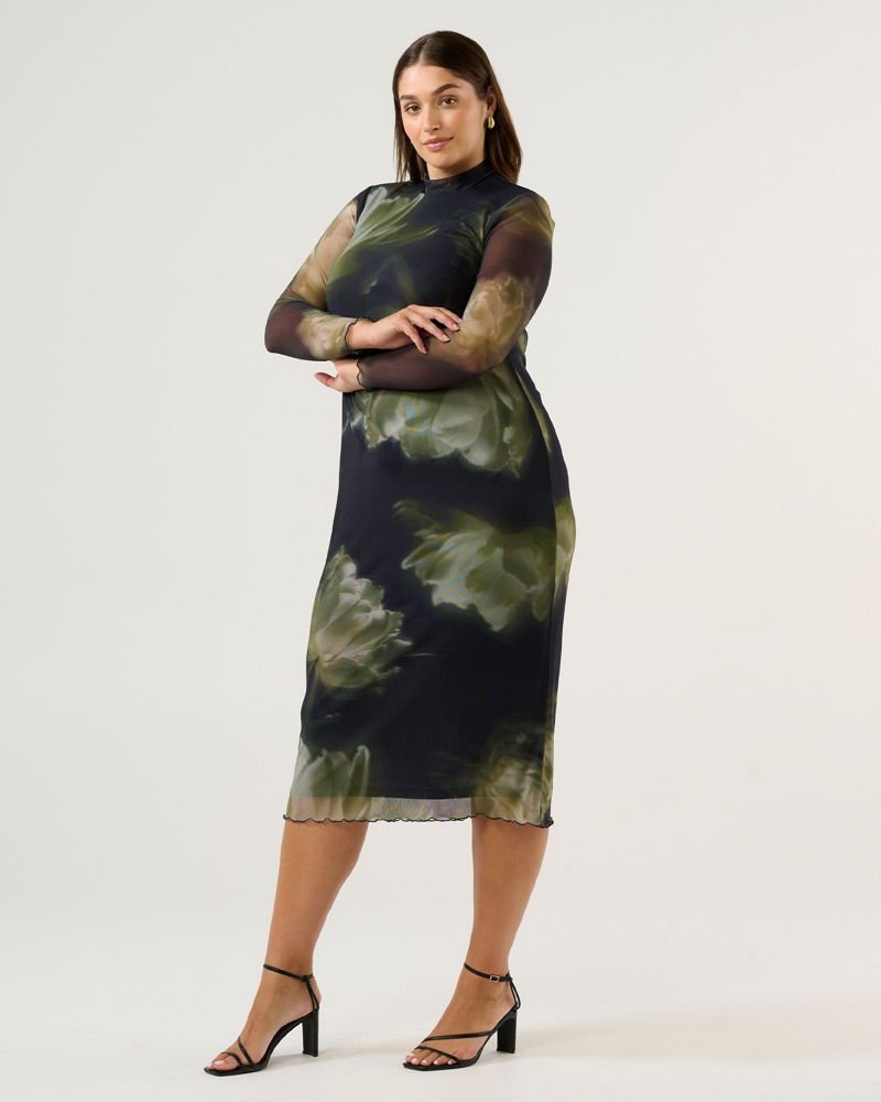 Women's Peace Lily Floral Bodycon Long Sleeve Mesh Dress