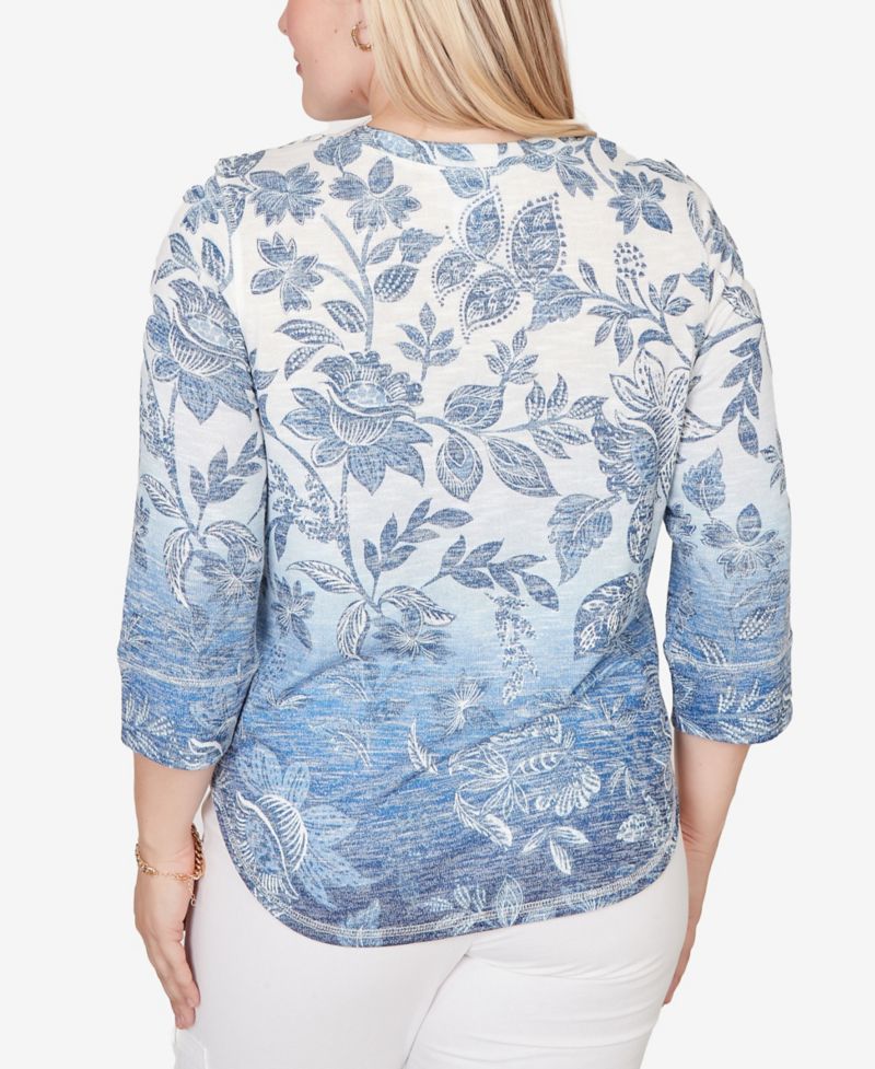 Petite Out of the Blue Ombre Batik Floral Henley Top