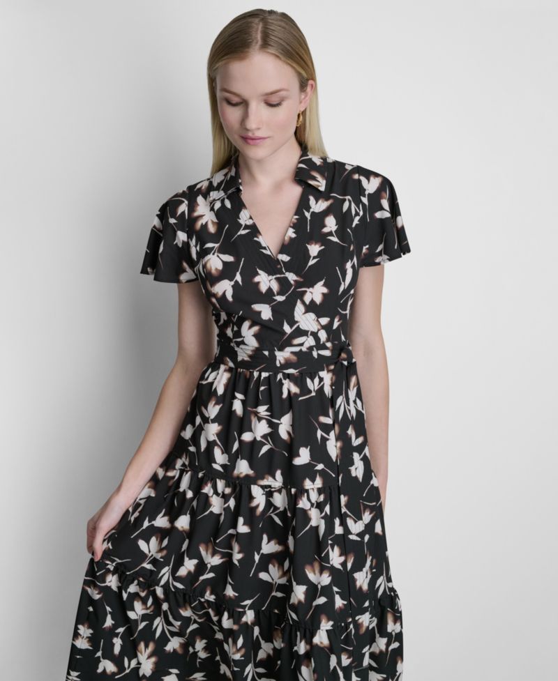 Women's Flutter-Sleeve Tiered Printed Midi Dress