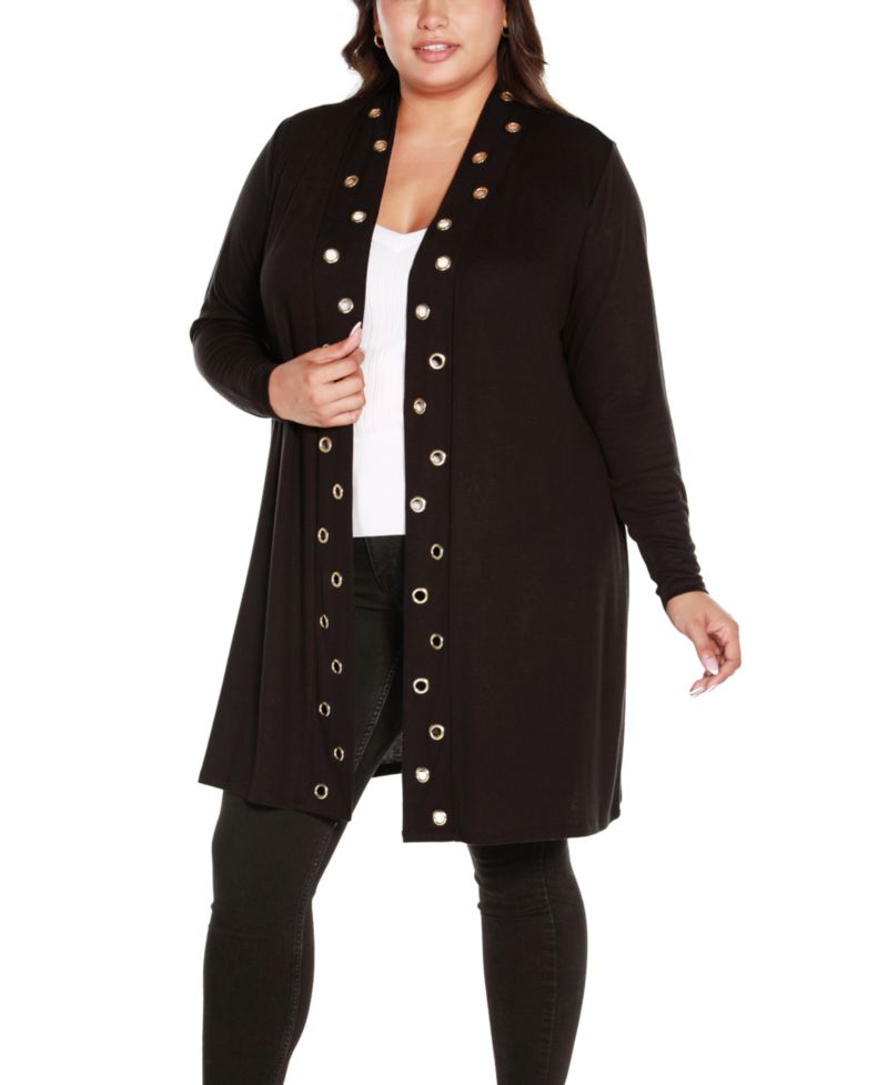 Plus Long Sleeve Grommet-Trim Cardigan Top
