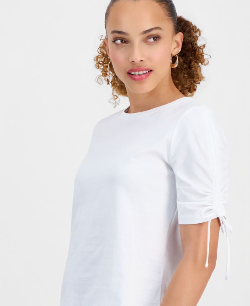Petite Cotton Tie-Sleeve Round-Neck Top
