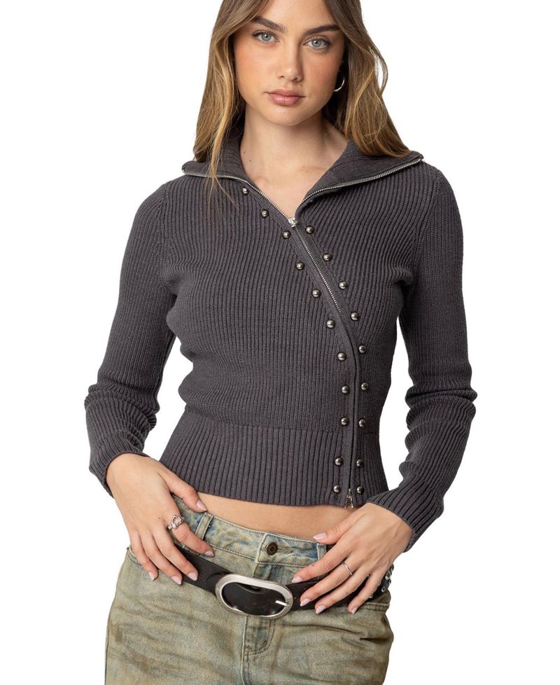 Womens Ribbed Asymmetric Zip Up Cardigan