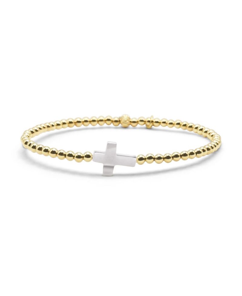 3mm Gold Filled Ball and Mother Of Pearl Cross Stretch Bracelet