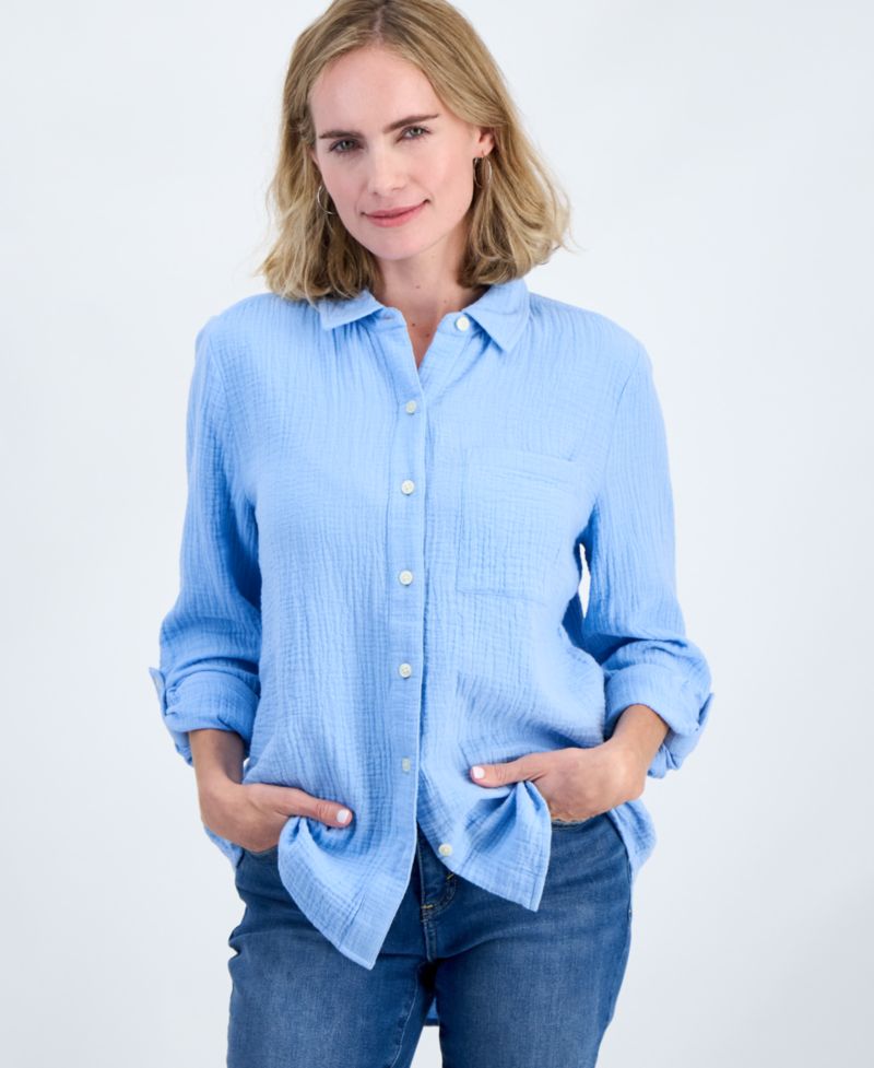 Petite Perfect Button-Front Roll-Tab Cotton Shirt
