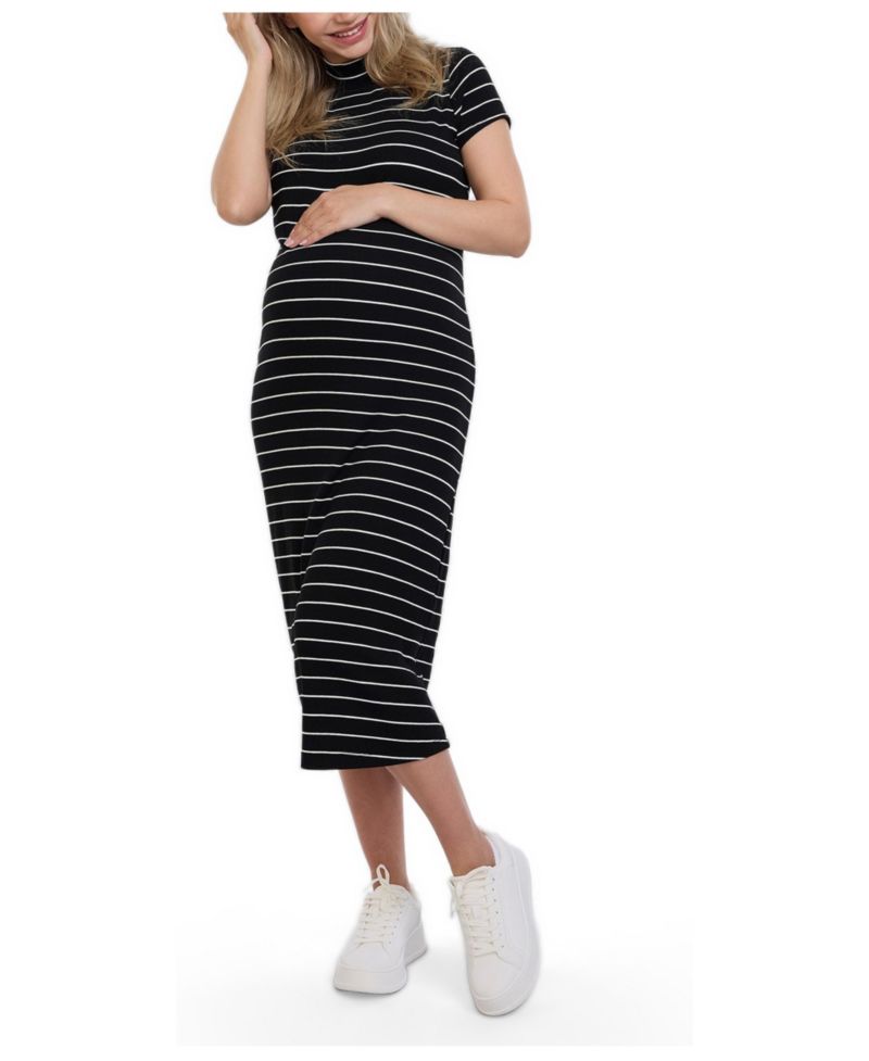 Women's Mock Neck Short Sleeve Ribbed Midi Dress - Motherhood