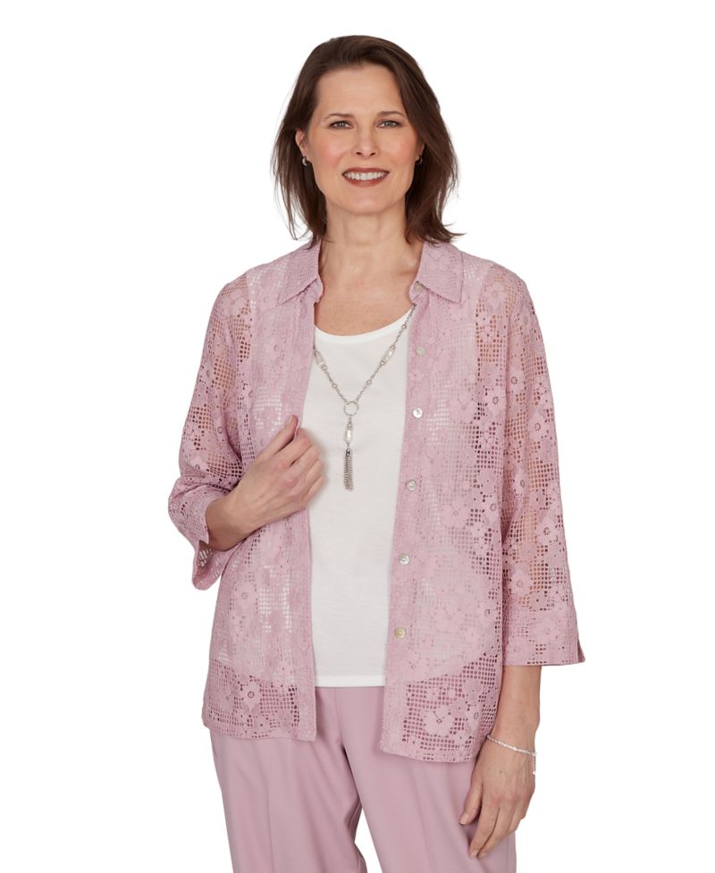 Petite Charm Floral Lace Two-In-One Collared Top with Necklace